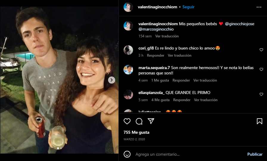 Marcos Ginoccio con su hermana Valentina, quien podría ingresar a la casa de   <a href='https://www.cronica.com.ar/tags/Gran Hermano'>Gran Hermano</a> (Instagram/valentinaginocchiom).