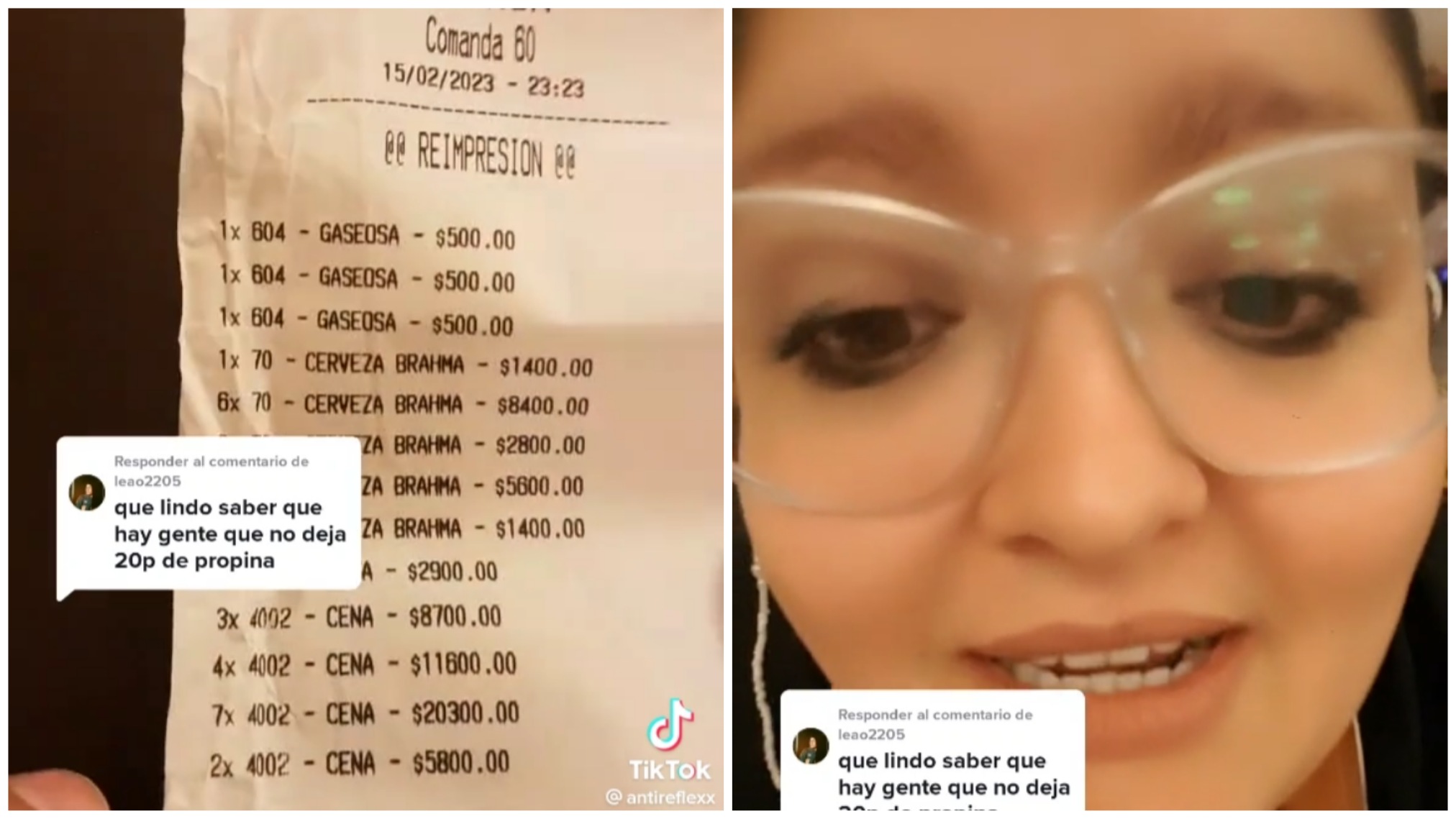 La moza mostró en TikTok el ticket de la mesa que atendió y la propina que le dejaron.