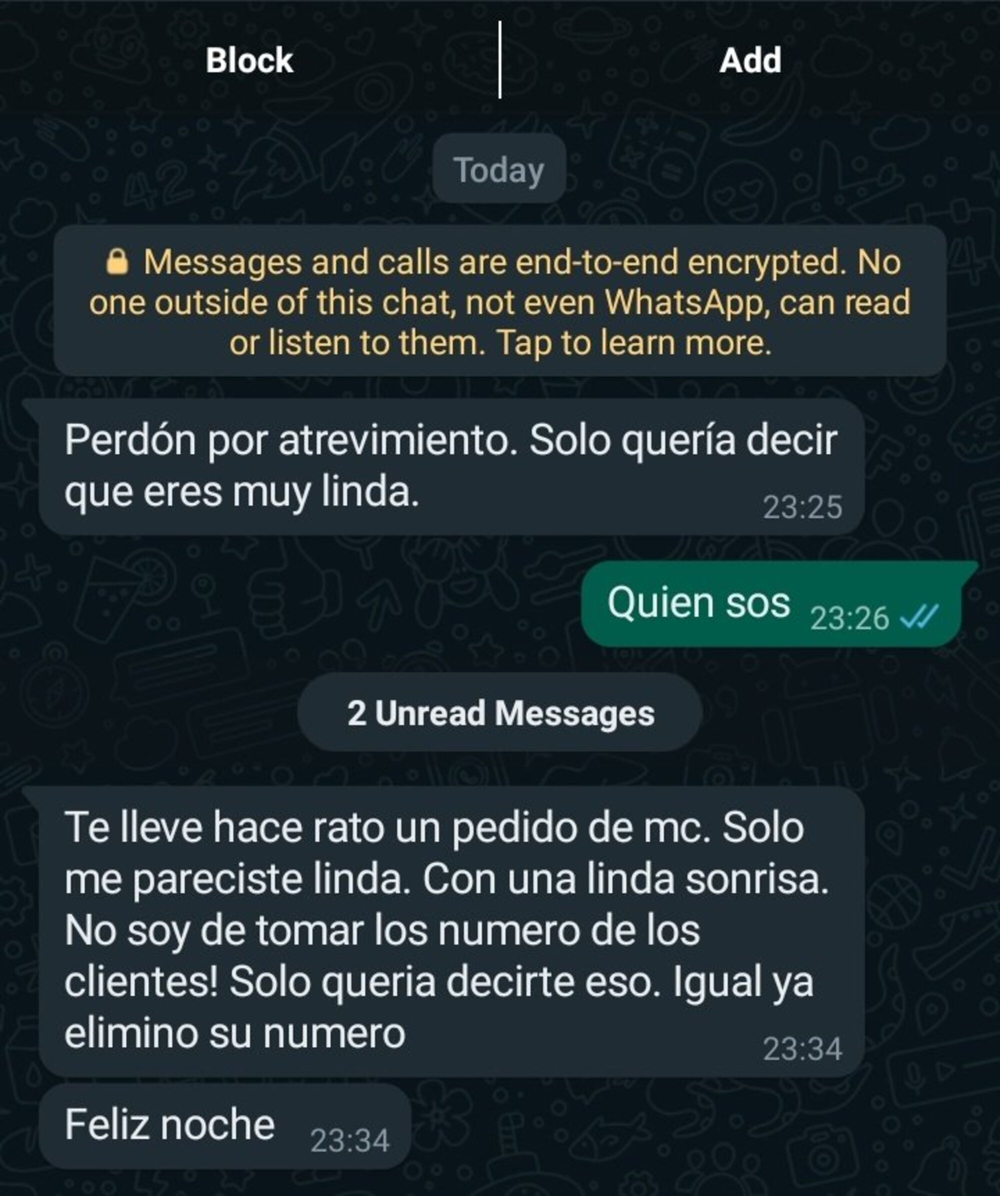 El chat de la joven con el repartidor de comida.