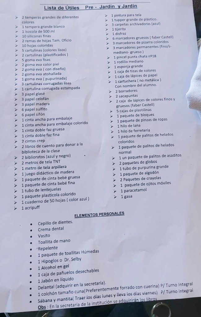 La lista completa de los útiles escolares pedidos.