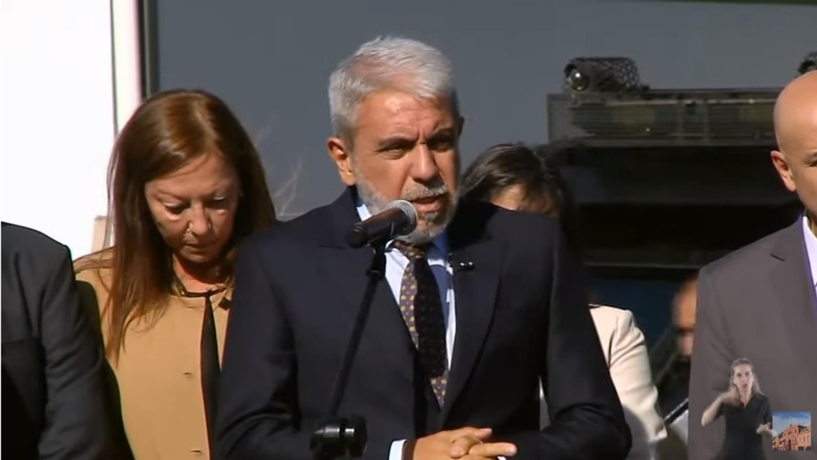 Aníbal Fernández, ministro de Seguridad, durante el acto que encabezó este miércoles en Rosario (Captura de pantalla).