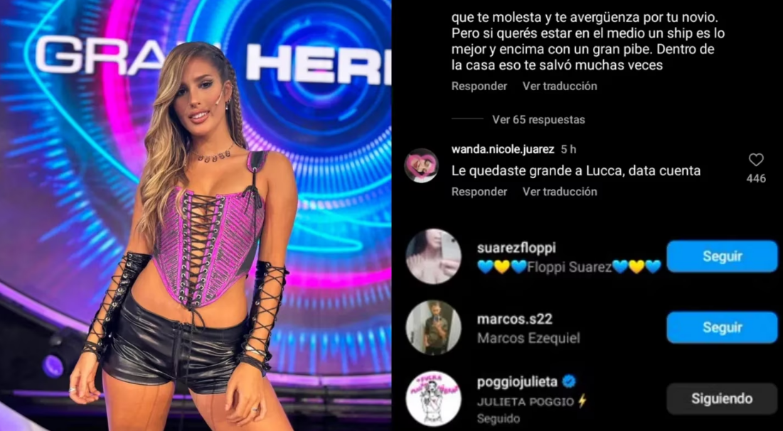 La ex participante de '  <a href='https://www.cronica.com.ar/tags/Gran Hermano'>Gran Hermano</a>' reaccionó a un comentario sobre Lucca Bardelli y despertó las dudas (Instagram/@poggiojulieta).