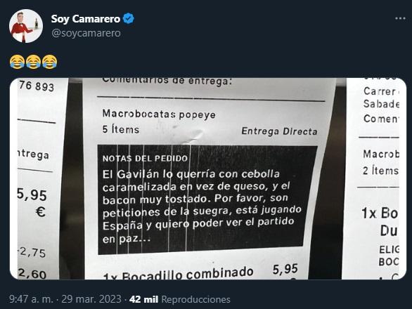 El tuit viral del pedido de un cliente a un restaurante.