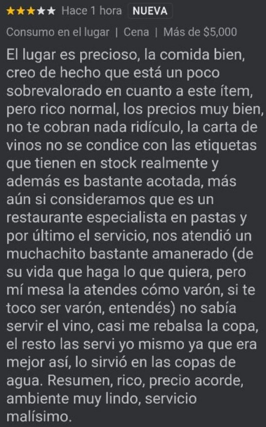 Repudiable reseña contra el mozo de un restaurante es viral (Twitter/soycamarero).