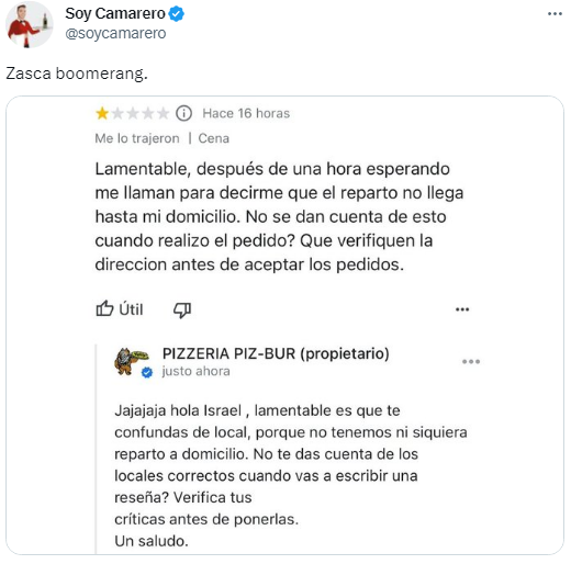 Reseña insólita que es viral en las redes sociales (Twitter/@soycamarero).