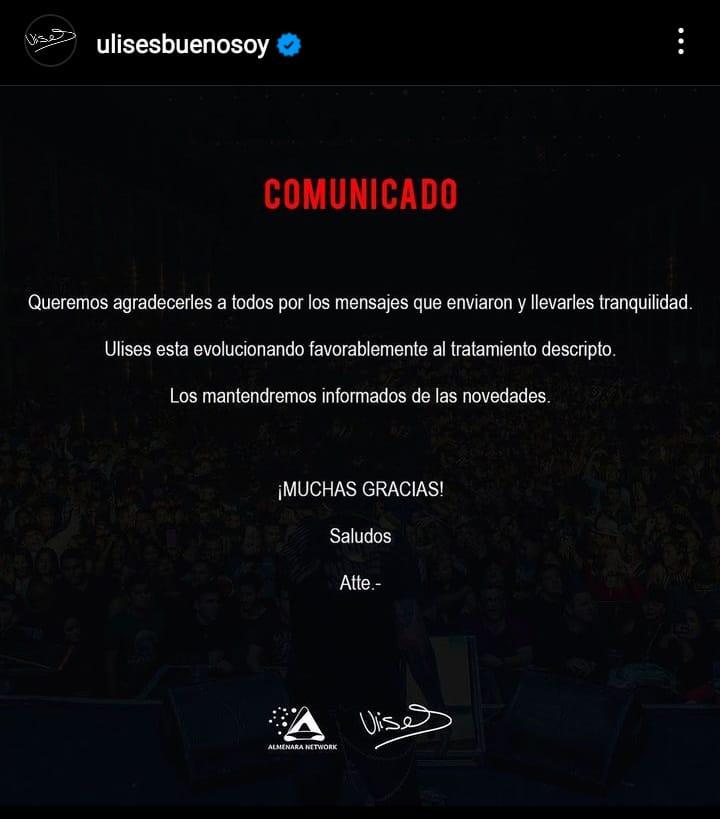 El comunicado que se publicó hace pocas horas en la cuenta de Instagram de   <a href='https://www.cronica.com.ar/tags/Ulises Bueno'>Ulises Bueno</a>.