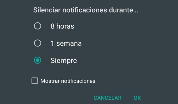 WhatsApp brindar opciones para silenciar un chat por el tiempo que se prefiera.