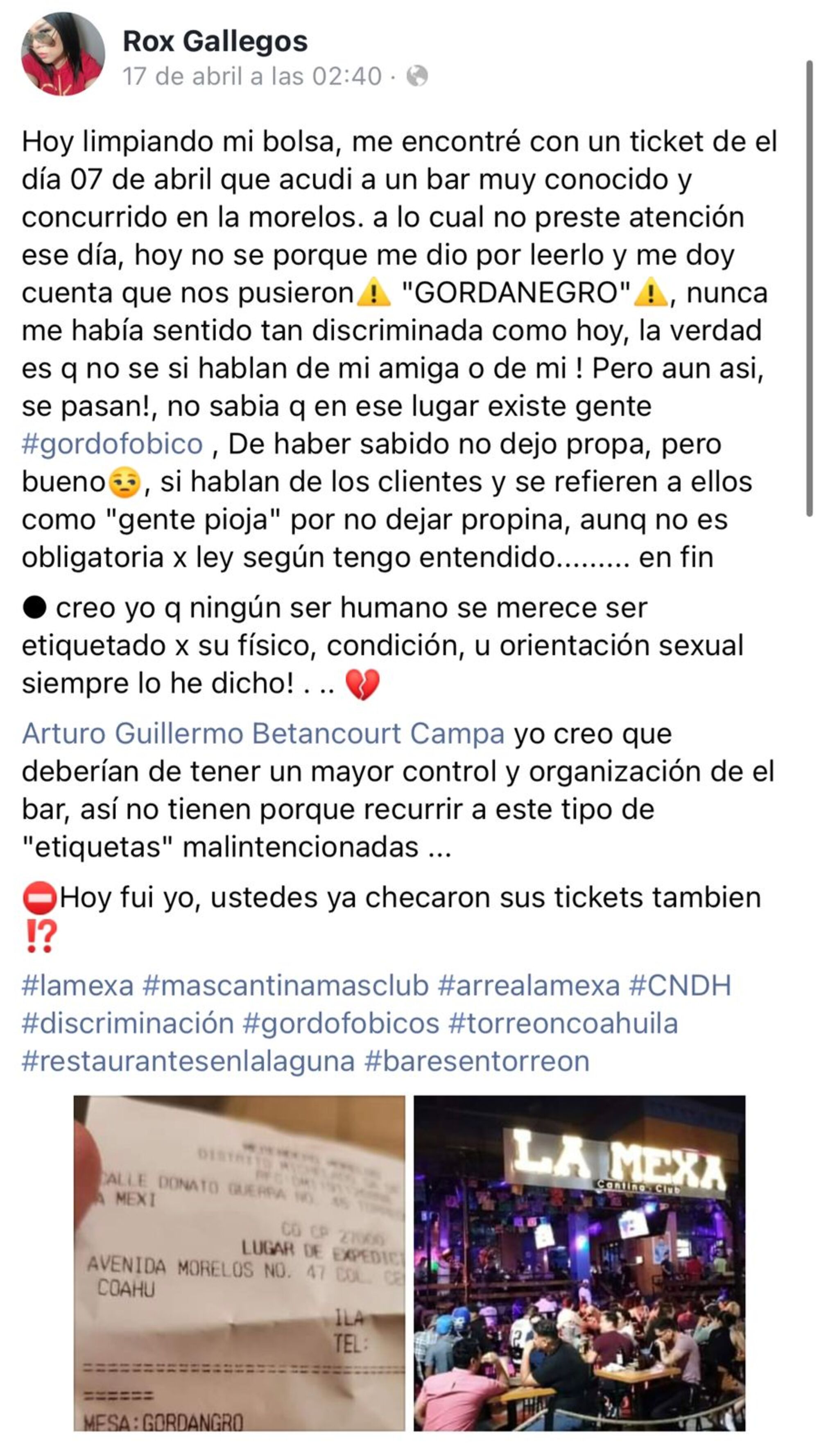 La publicación de la mujer donde denuncia discriminación por parte de un empleado del bar.