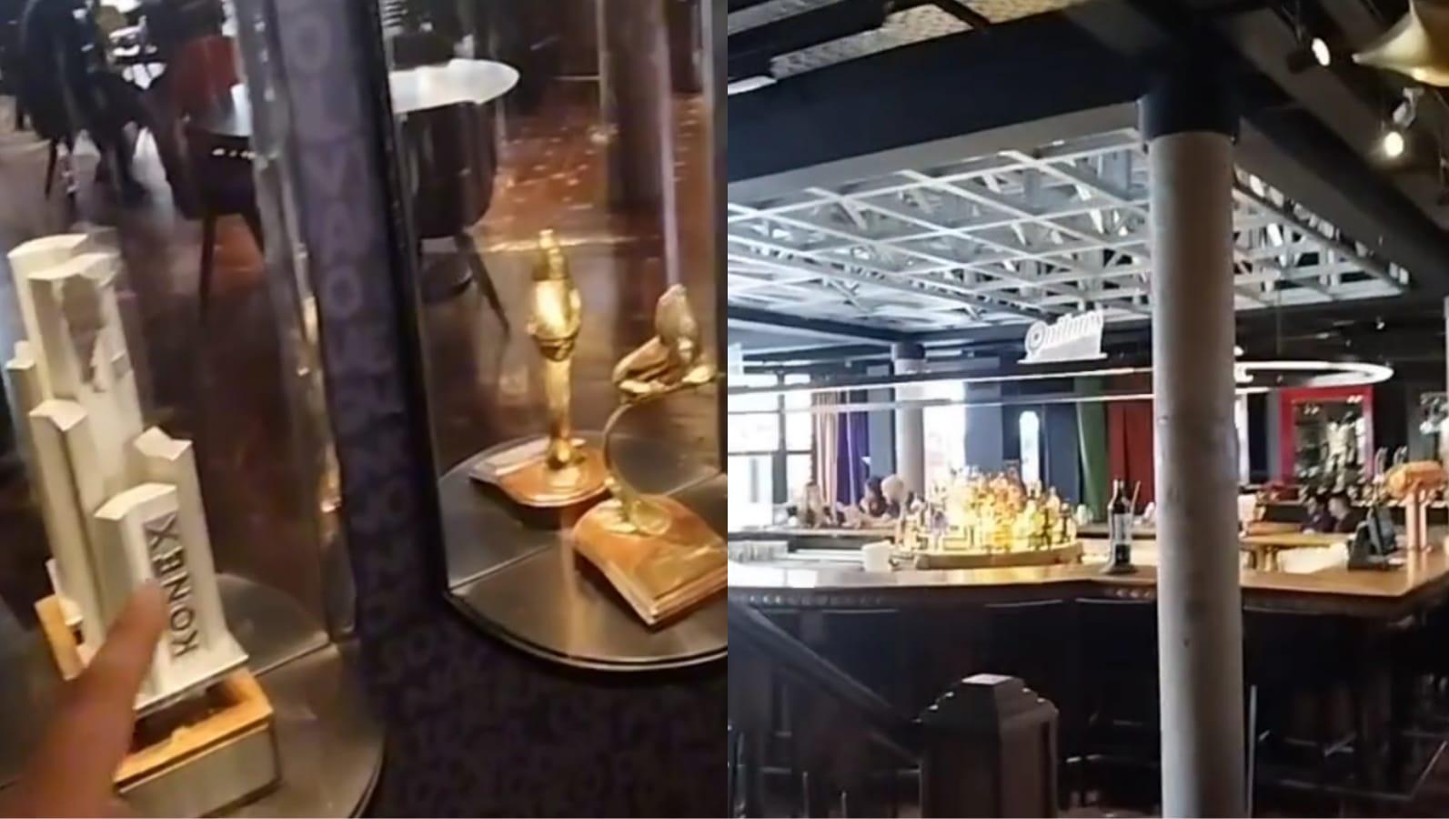 El influencer español quedó asombrado por los trofeos y la decoración del bar-restaurante de la Mona Jiménez.