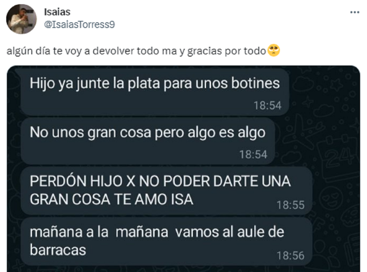 El chat viral de la madre que le regaló botines al hijo (  <a href='https://www.cronica.com.ar/tags/Twitter'>Twitter</a>/@IsaiasTorress9).