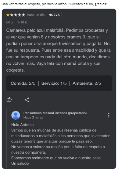 Dejaron una reseña insólita contra la trabajadora de un restaurante y es viral (Twitter/@soycamarero).