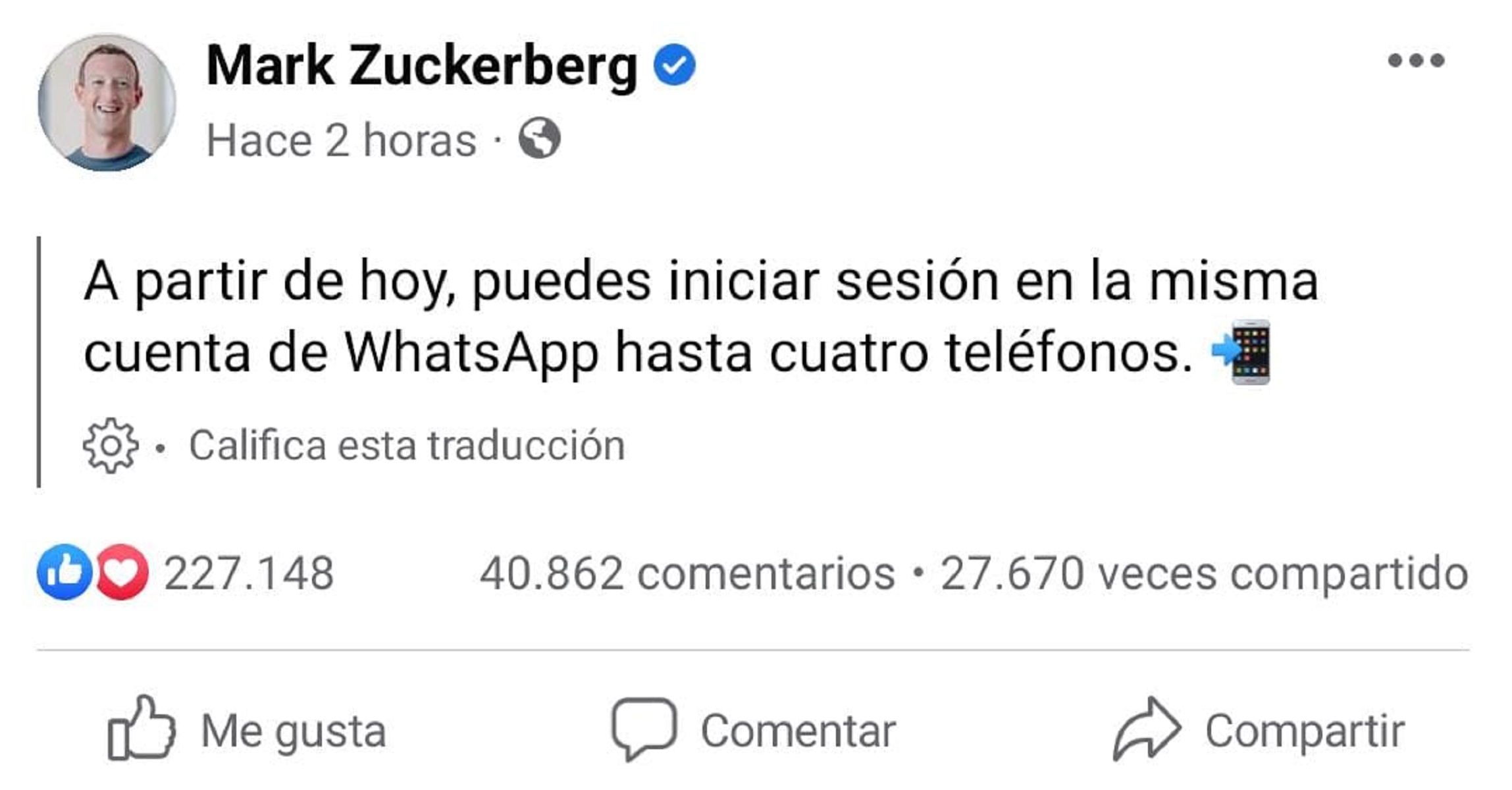 El anuncio de Mark Zuckerberg en su perfil de Facebook.