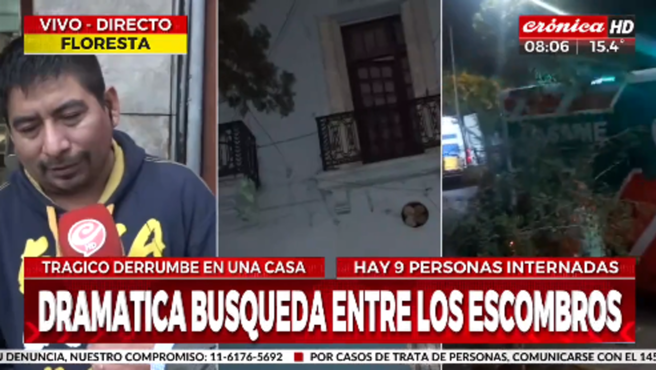 Juan busca a su madre, una mujer de 72 años que vive en la propiedad que se derrumbó en Floresta (Captura de TV).