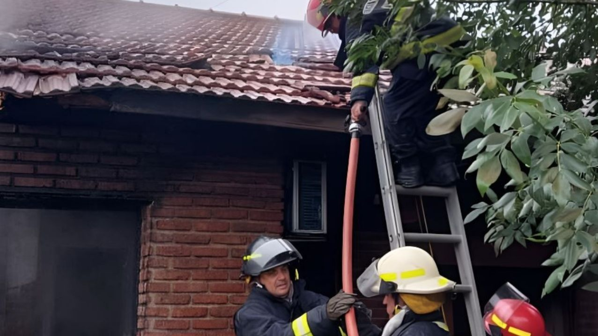 Los bomberos trabajando en  la casa tras el alerta de los vecinos.