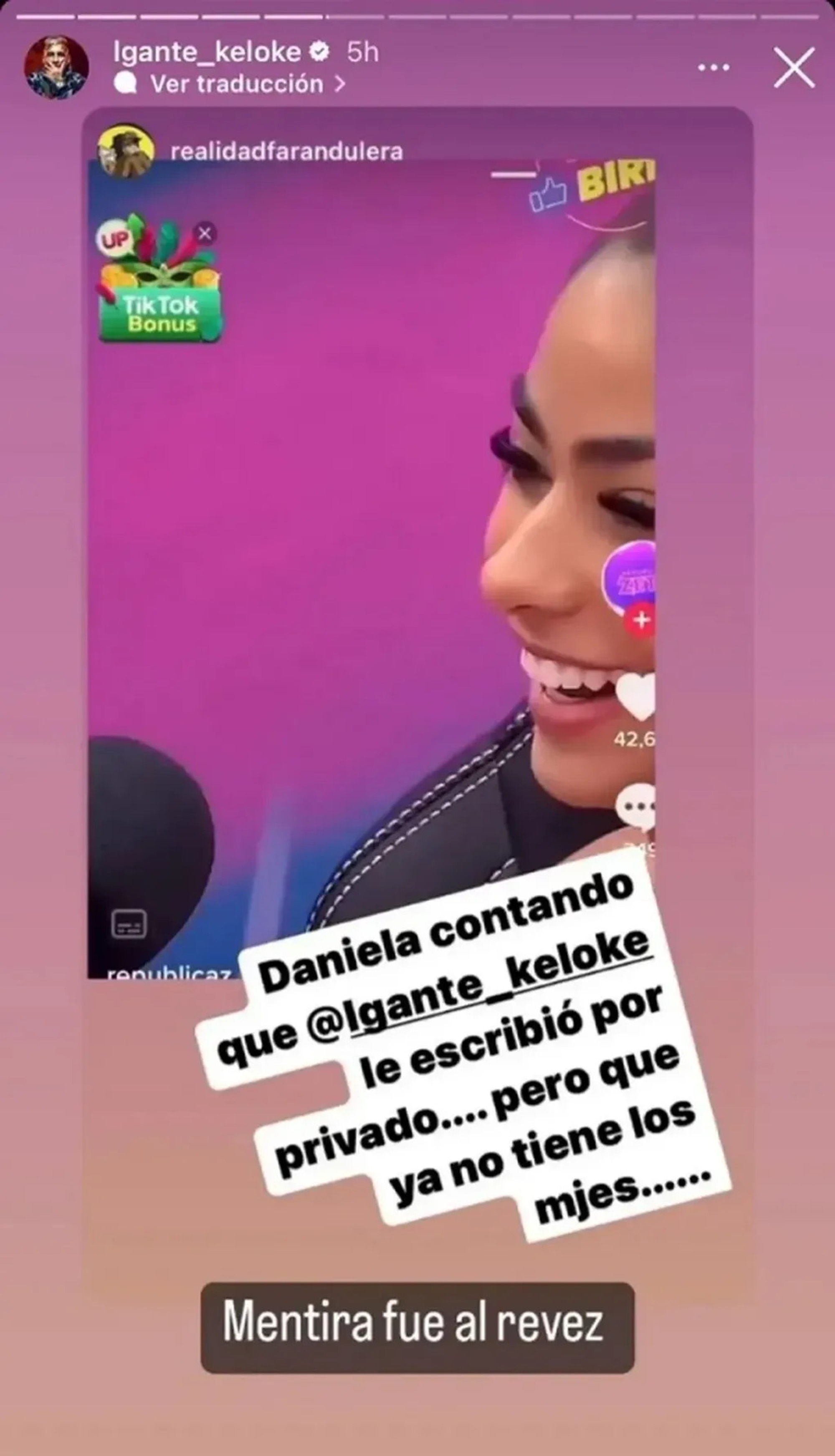 El posteo que subió L-Gante para desmentir a Daniela.