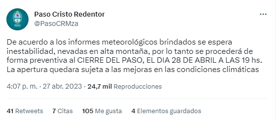 Cierra un cruce fronterizo entre Argentina y Chile.