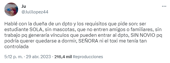 Una joven mostró los 'imposibles' requisitos para alquilar y es viral (Twitter/@Julilopez44).