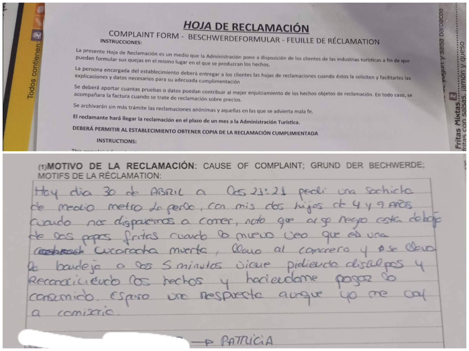 Clienta denunció a un restaurante por un asqueroso y repudiable episodio (Facebook/patricia.padillarodriguez).