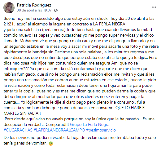 Clienta denunció a un restaurante por un asqueroso y repudiable episodio (Facebook/patricia.padillarodriguez).