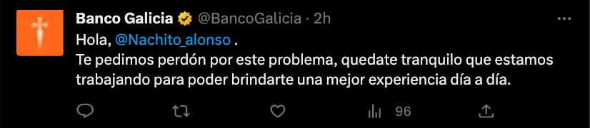 Desde la cuenta de Twitter del   <a href='https://www.cronica.com.ar/tags/Banco'>Banco</a> Galicia respondieron a las quejas.