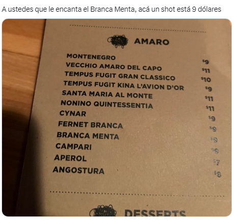 Un argentino mostró el valor de un 'shot' de Fernet en un restaurante “yanqui” (Twitter/@maxifirtman).