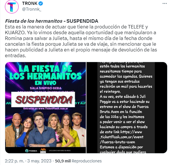 El tuit que acusa a Julieta Poggio de la cancelación de la fiesta de los ex   <a href='https://www.cronica.com.ar/tags/Gran Hermano'>Gran Hermano</a>.