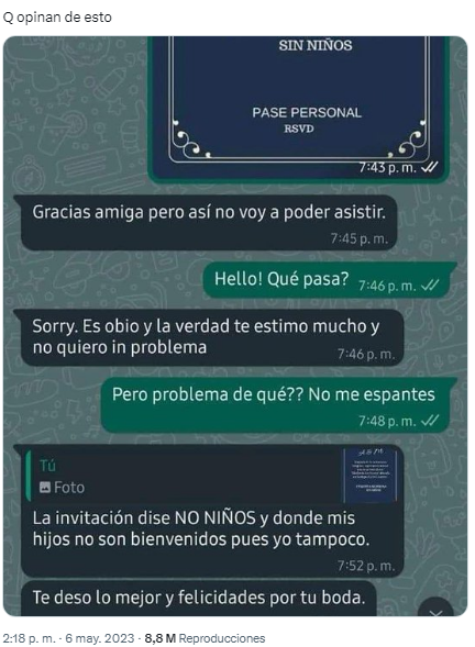 La invitada a un casamiento desató la polémica porque no invitaron a sus hijos (Twitter/@belenpoisson_).