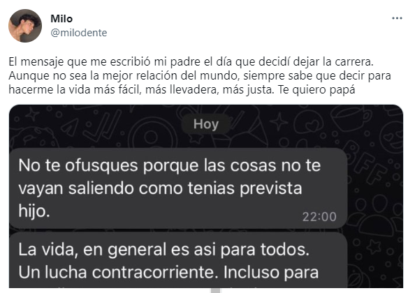 El tuit viral del joven español con el mensaje de su padre (Twitter/@milodente). 