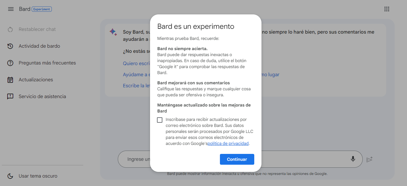 Al aceptar los términos y condiciones, la inteligencia artificial de   <a href='https://www.cronica.com.ar/tags/Google'>Google</a> recuerda que 'es un experimento' y advierte que 'no siempre acierta' (Imagen: Bard).