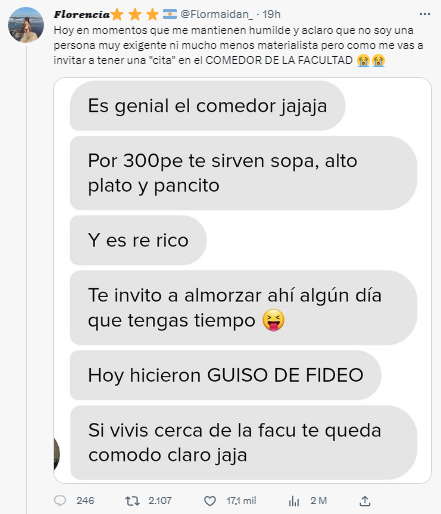 Polémica por una curiosa propuesta de 'cita' que es viral (Twitter/@Flormaidan_).