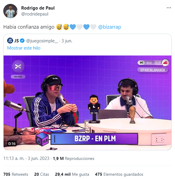 La respuesta de Rodrigo de Paul a Bizarrap en Twitter.