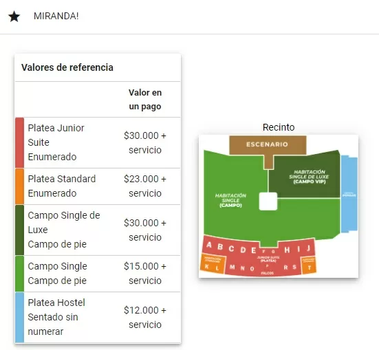 Lista de precios para ver a Miranda en Ferro.