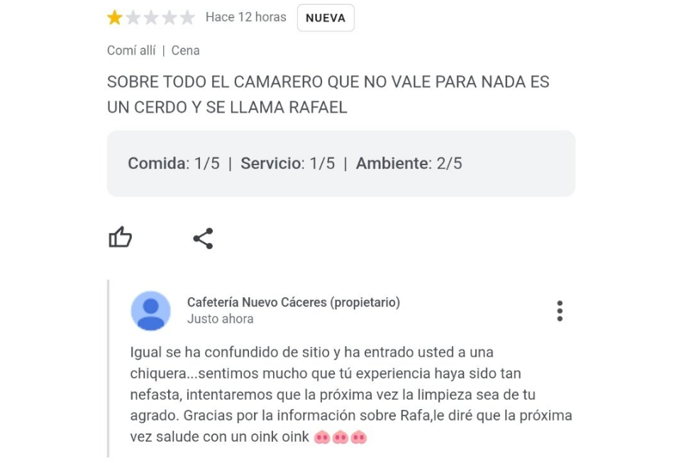 La insólita respuesta de un restaurante contra una supuesta clienta (Twitter/@soycamarero).