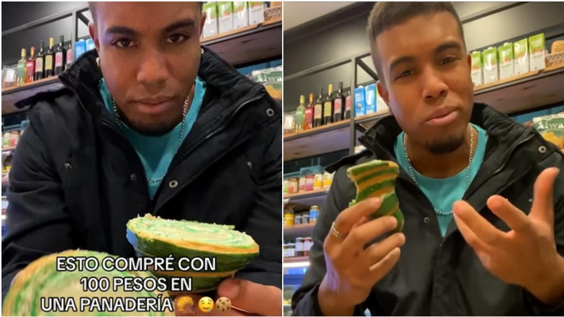 Un hombre mostró lo que compró con 100 pesos uruguayos en una panadería argentina.