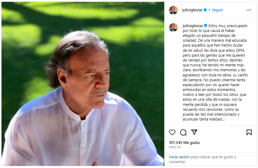 Descargo de Julio Iglesias sobre su salud (Instagram/@julioiglesias).