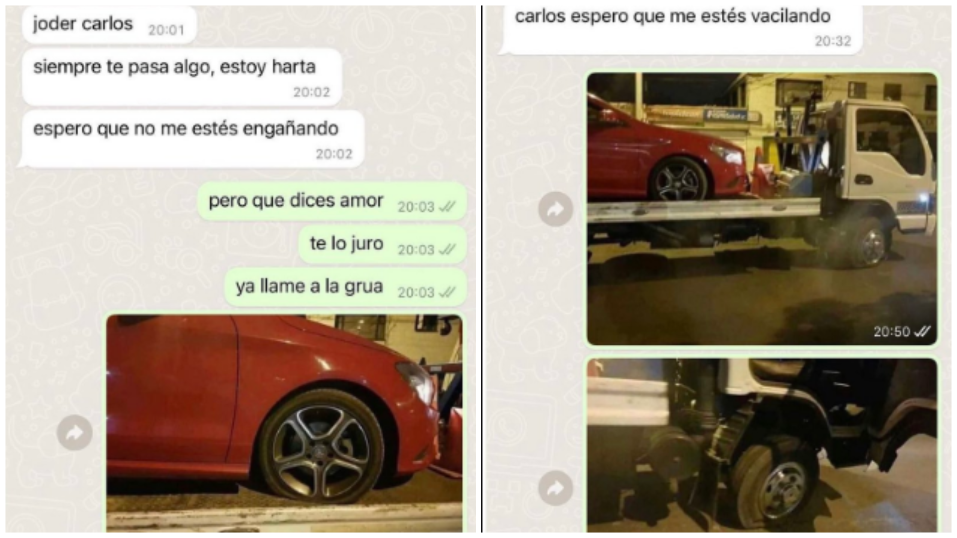 Capturas del chat entre novios que se hizo viral por un insólito episodio de grúas (Twitter).