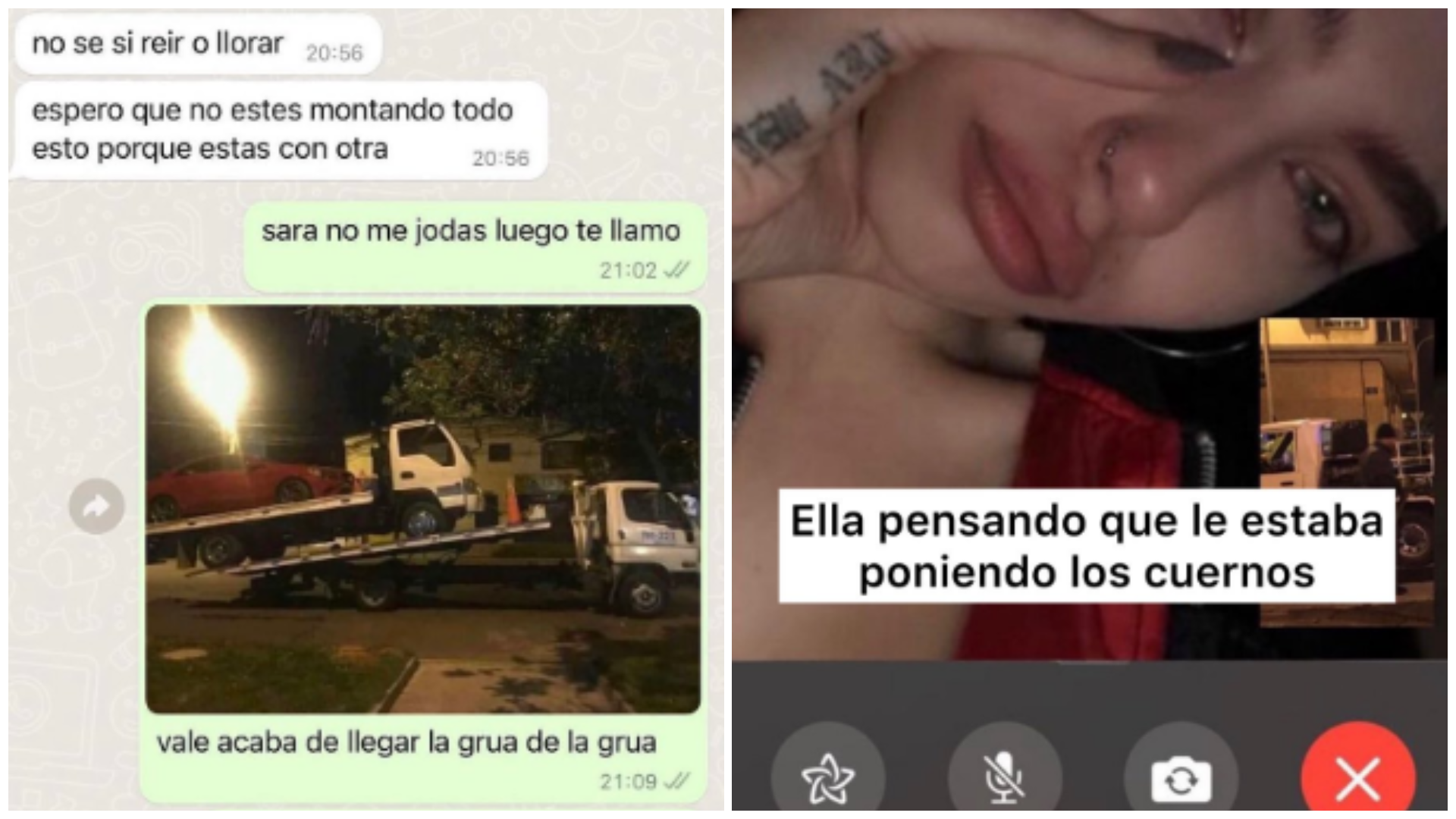 Capturas del chat entre novios que se hizo viral por un insólito episodio de grúas (Twitter).