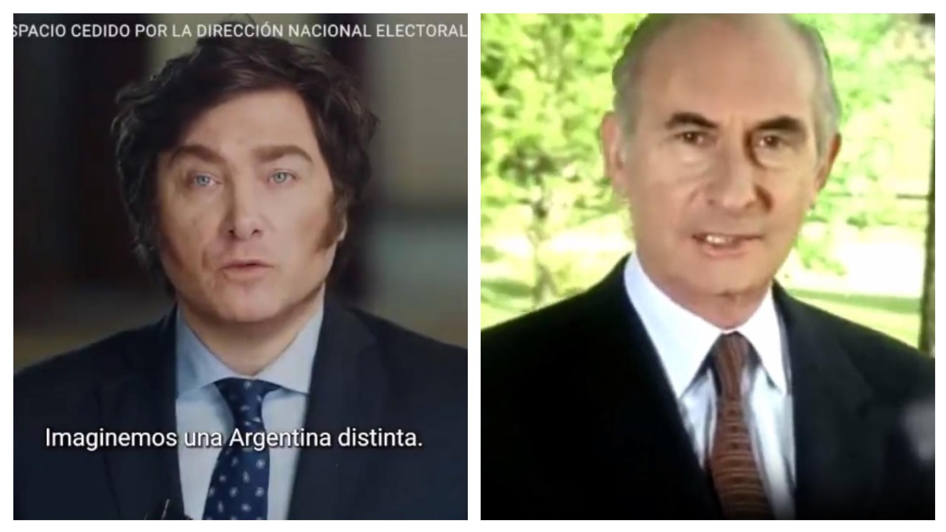 Javier Milei y Fernando De la Rúa en sendos spots.