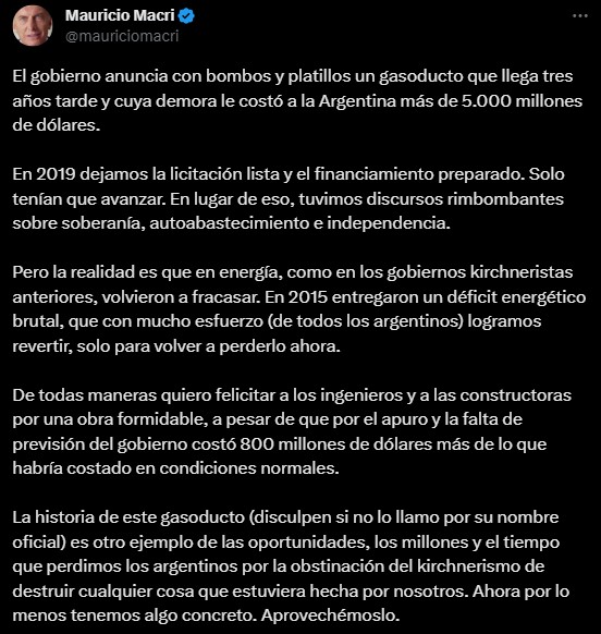 Mauricio Macri cruzó al Gobierno por 'un gasoducto que llegó tres años tarde'