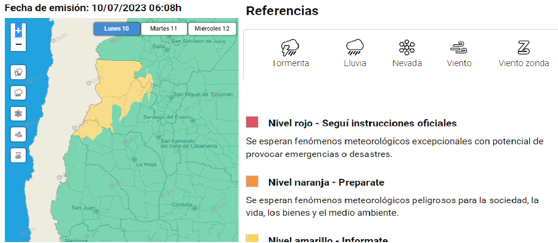 El SMN emitió alerta amarilla para localidades de Catamarca, La Rioja y Misiones por fuertes vientos, lluvias y ocasional caída de granizo.