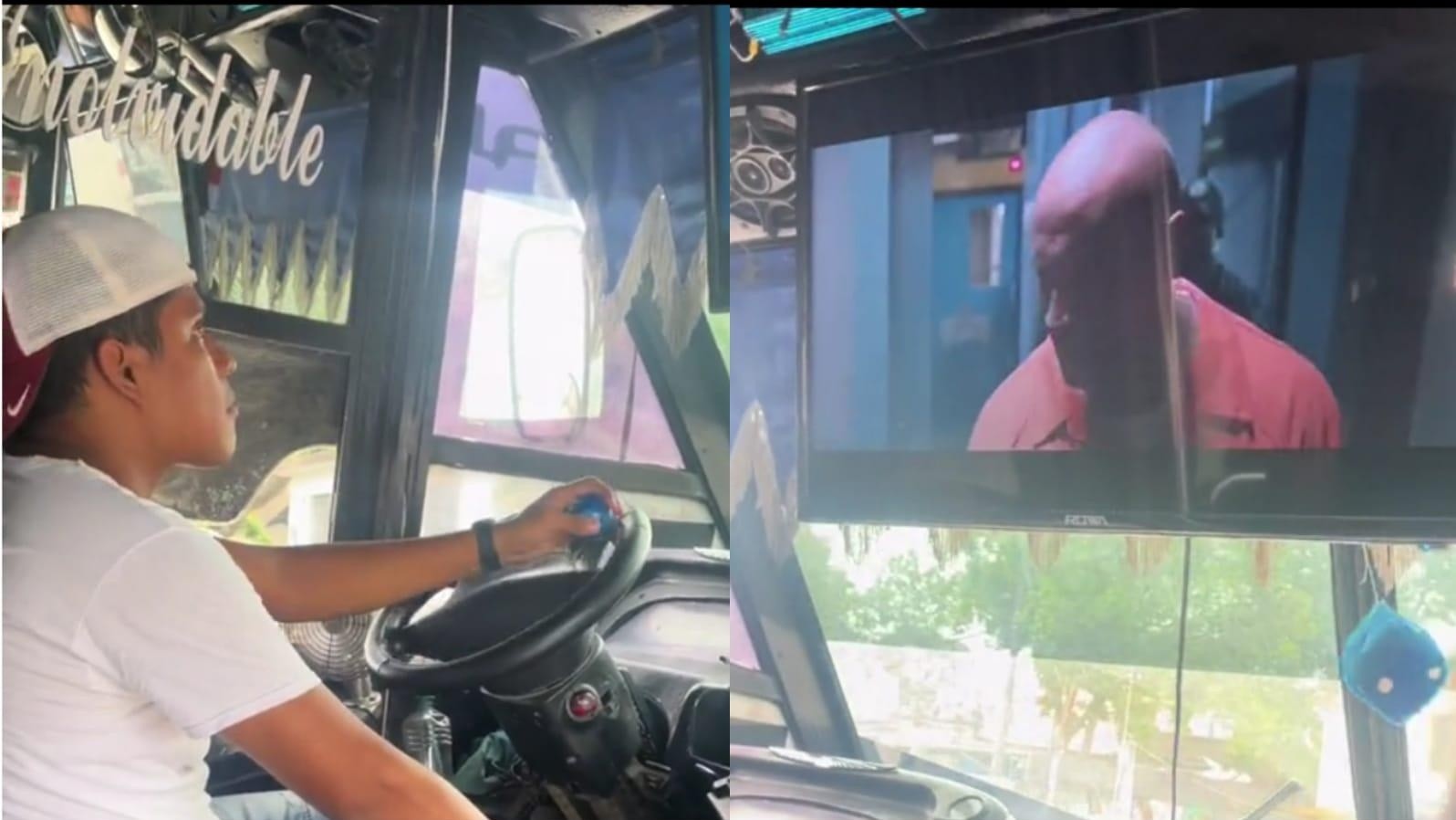 Un colectivero instaló un tele en su unidad, puso una película de acción e hizo estallar de risa a todos en TikTok.