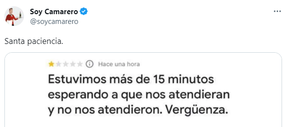 La publicación viral junto con la mala reseña por parte del cliente del restaurante (Twitter/@soycamarero).