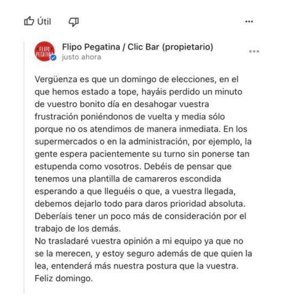 La respuesta del dueño del local ante la mala reseña y pésimo puntaje (Twitter/@soycamarero).