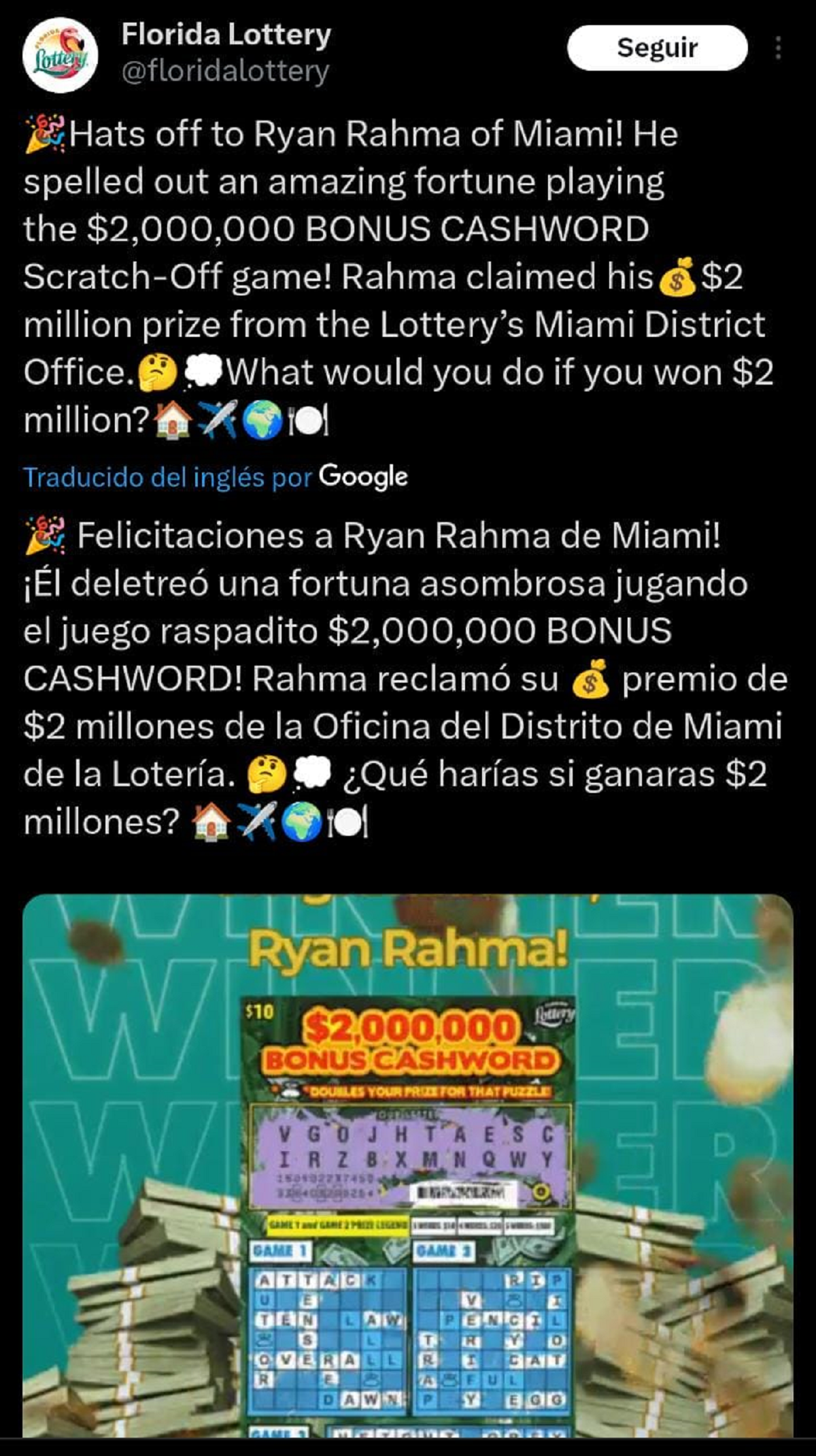 El tuit publicado por la   <a href='https://www.cronica.com.ar/tags/Lotería'>Lotería</a> Florida.