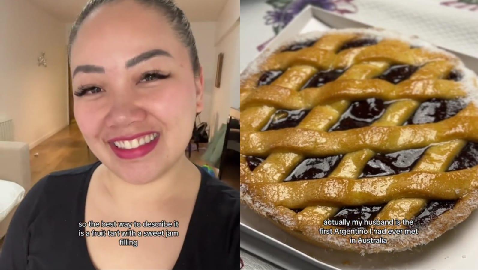 La australia Angeli se encuentra de vacaciones en Argentina y decidió degustar la pastafrola ante sus seguidores (TikTok/@angeli.yuson).