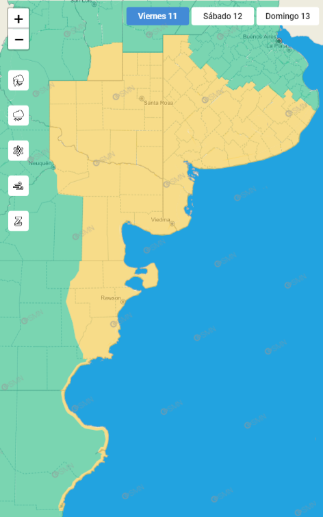 6 provincias argentinas alertadas por fuertes ráfagas de viento (Imagen: Servicio Meteorológico Nacional).