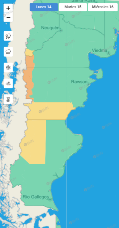 Localidades de Chubut y Río Negro en alerta naranja por fuertes lluvias, y advertencia por vientos para más provincias (Imagen: SMN).