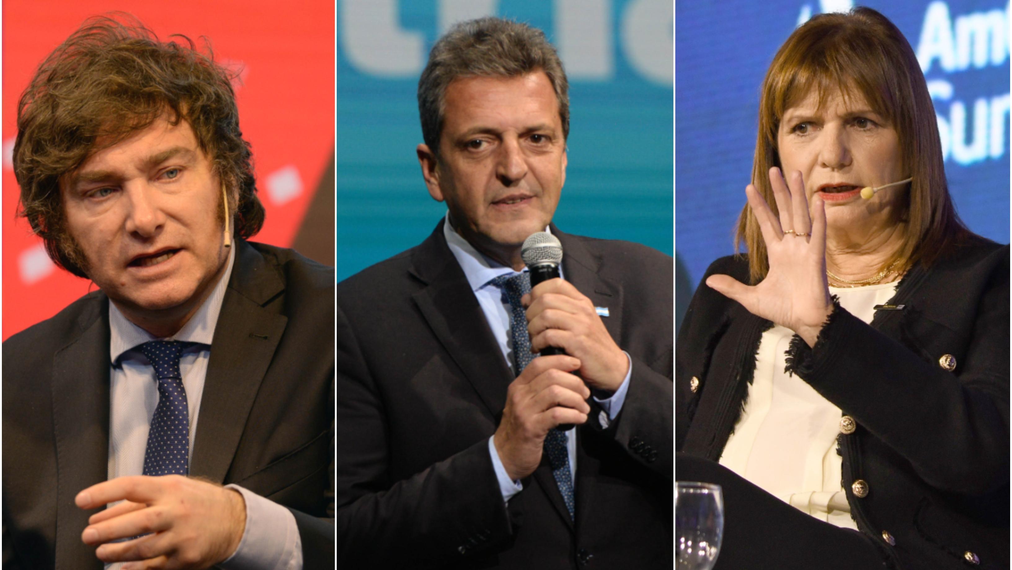 Javier Milei, Sergio Massa y Patricia Bullrich, en orden, los tres candidatos más votados individualmente en las PASO (Fotos: Crónica).