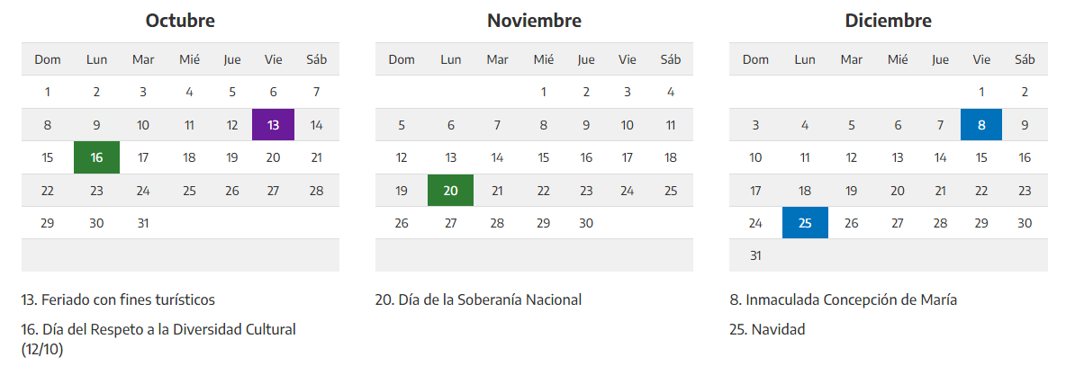 Calendario de feriados nacionales.