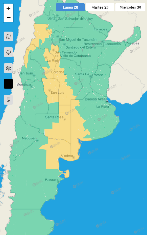 Once provincias en alerta amarilla por vientos con fuertes ráfagas (Imagen: Servicio Meteorológico Nacional).